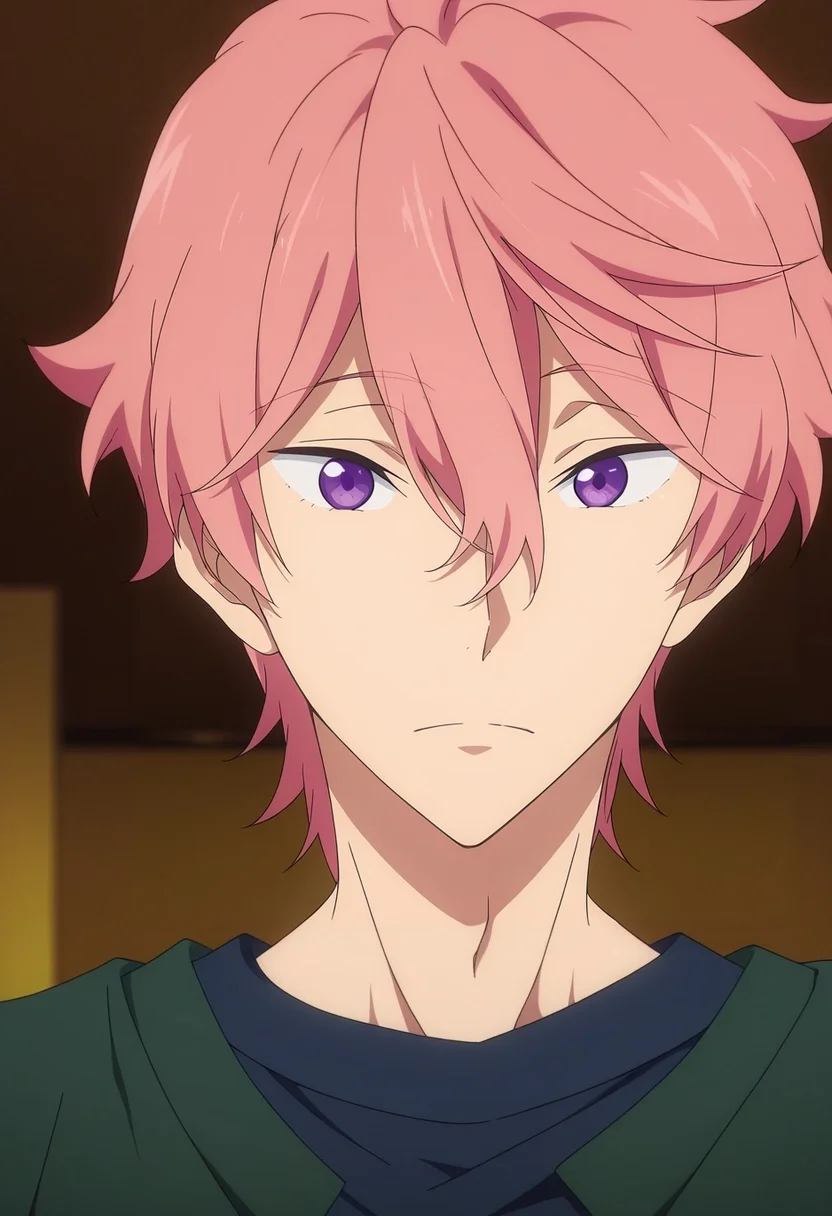 masterpiece, best quality, , anime screencap, anime coloring, official style, looking at viewer, 1boy, solo, male focus, <lora:kisumi_shigino_ilxl:0.96>, kisumi_shigino, pink hair, purple eyes, hair between eyes, ,