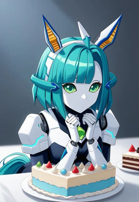 1girl, green eyes, robot, android, mechanical ears,  animal ears, green hair, blue hair, no mouth, humanoid robot, tail, bangs, robot joints, horse ears  horse tail, 
, mechamusume,cake art, lighting from behind pyramid,,  1girl, green eyes, robot, android, mechanical ears, animal ears, green hair, blue hair, no mouth, humanoid robot, tail, bangs, robot joints, horse ears
made of cake background objects, ,