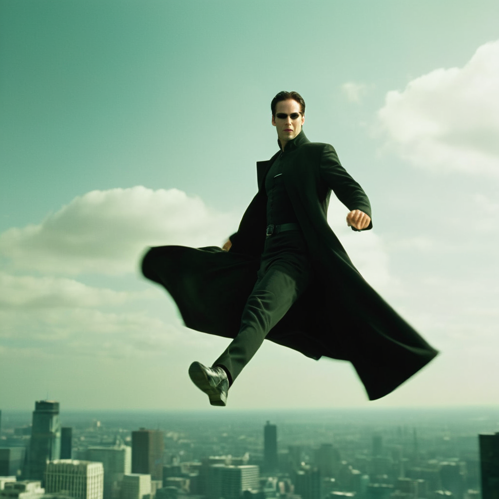 cinematic film still of  <lora:The Matrix Style:1>
Neo the one, flying in air, in sky, from a scene from the matrix style, shallow depth of field, vignette, highly detailed, high budget, bokeh, cinemascope, moody, epic, gorgeous, film grain, grainy
