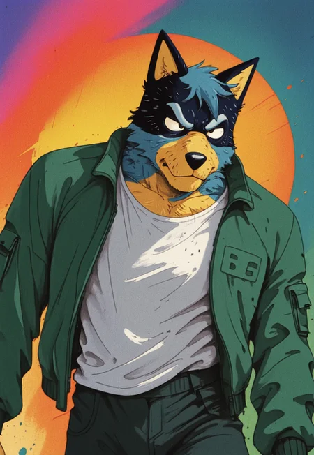 1boy, solo, squidgamesoutfit, jacket, green jacket, shirt, white shirt, pants, unzipped, Bandit Heeler, blue fur, yellow fur, anthro, furry, abstract background, colorful background, bloody, retro artstyle, detailed, masterpiece, upper body, portrait, dynamic pose, dynamic angle, knva
