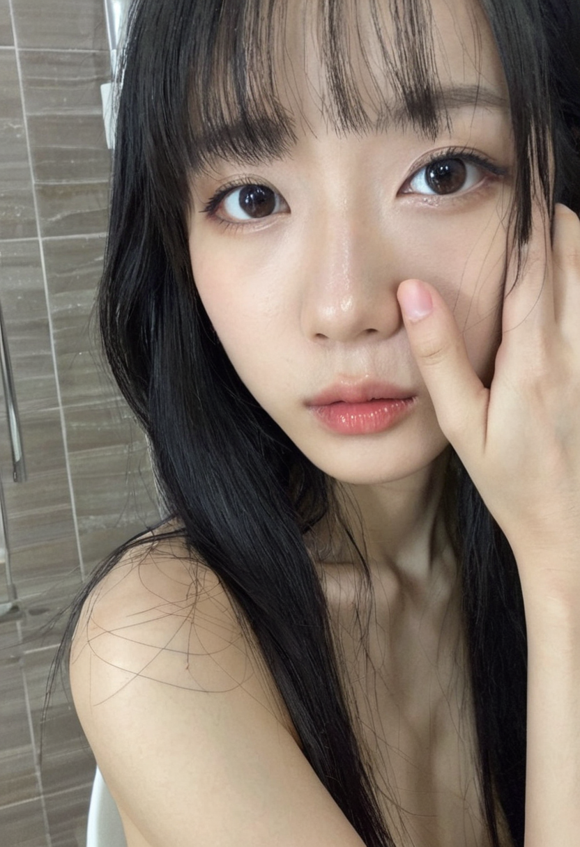 blurry, instagram,photo taken with iPhone,a Korean woman,solo, black hair, long hair, looking at viewer, parted lips, bangs,face close-up,indoors,makeup,tile wall,bathroom, high detail skin