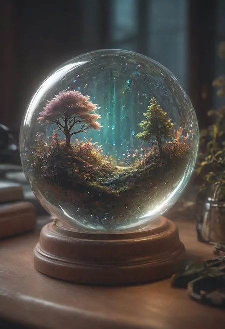 photography,(vibrant colors:0.8),
a fantastic landscape at night covered in magical plantlife, everthing contained in a glass sphere sitting on a desk, desk,
(quantum waveform:0.7)