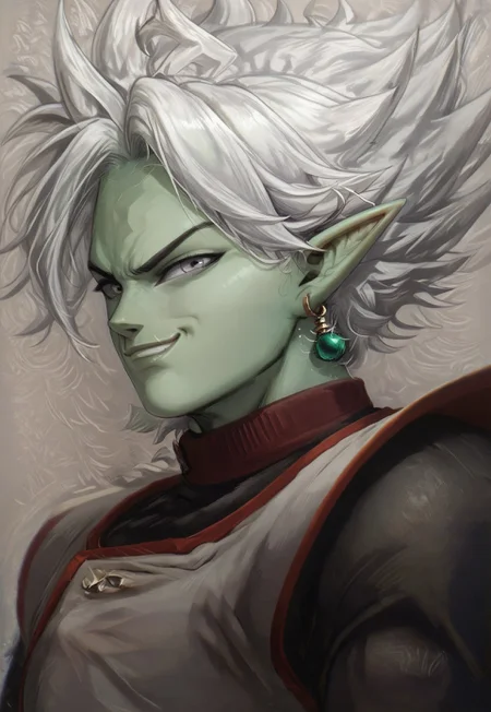 safe_pos, score_9, score_8_up, score_7_up score_6_up, 1dk, OverallDetail, vivid colors,
Male, Zamasu, Green skin, Pointed ears, White hair, Gray eyes,
Athletic build, Perfect eyes, Perfect face,
Eyes wide open, smirk,
posing, standing, spread legs,