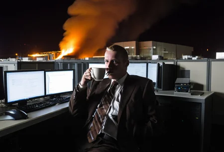 photograph of a sys admin sipping a cup of coffee, watching camera, while data center is burning in background