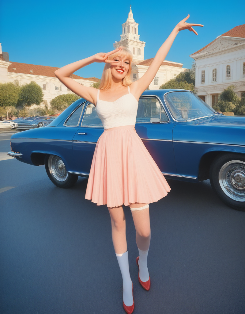 "1950s pin-up, retro girl, victory rolls hairstyle, high-waisted circle skirt, vintage car background, playful pose, stockings with seams" ,score_9, score_8_up, score_7_up, masterpiece, high quality, highres, best quality, <lora:mcnulty_epoch_10:1>