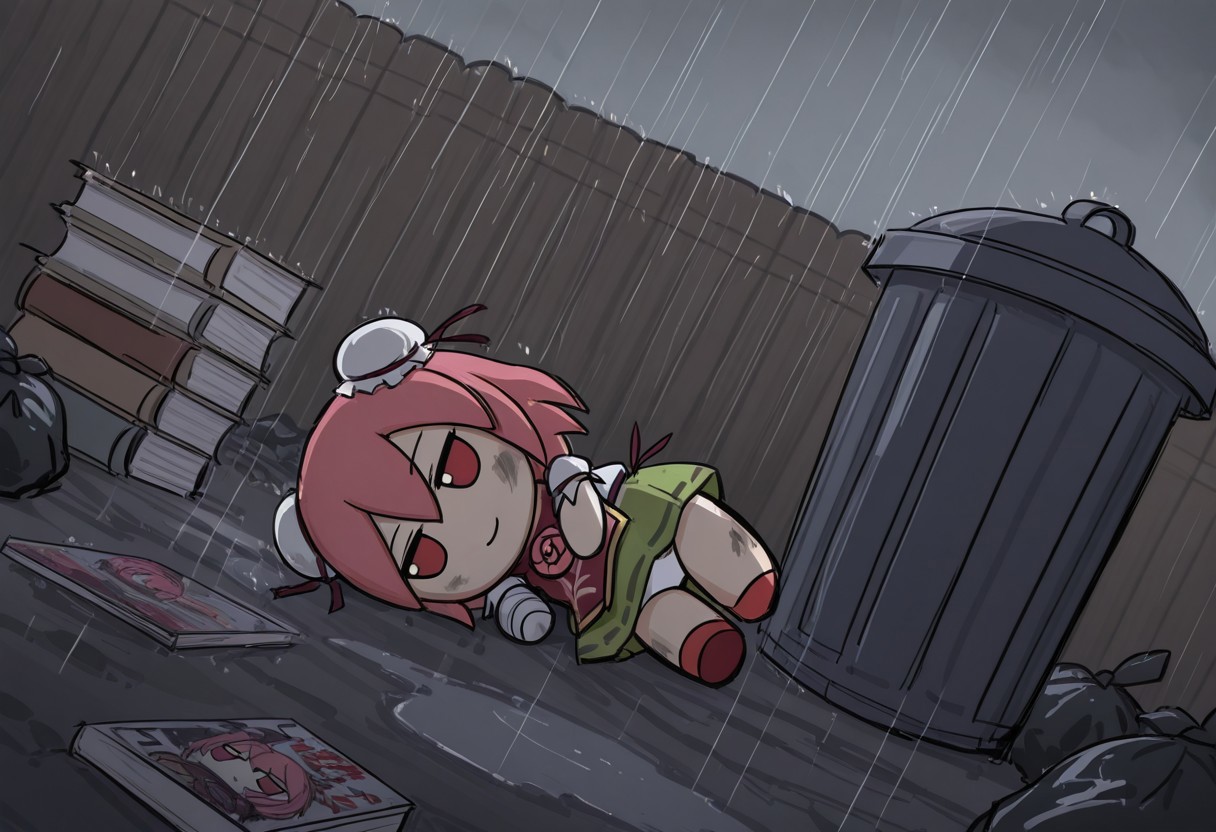 ibaraki kasen, fumo \(doll\), (dirty), [smile, trash can], trash bag, outdoors, ground,puddle, rain, wooden fence, on side, white panties, no humans, sketch, fxdpt, empty bottle, book stack, manga \(object\), dutch angle, dark, overcast