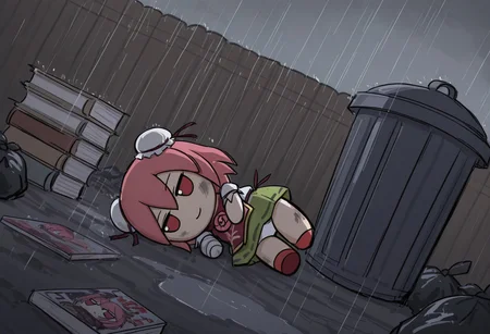 ibaraki kasen, fumo \(doll\), (dirty), [smile, trash can], trash bag, outdoors, ground,puddle, rain, wooden fence, on side, white panties, no humans, sketch, fxdpt, empty bottle, book stack, manga \(object\), dutch angle, dark, overcast