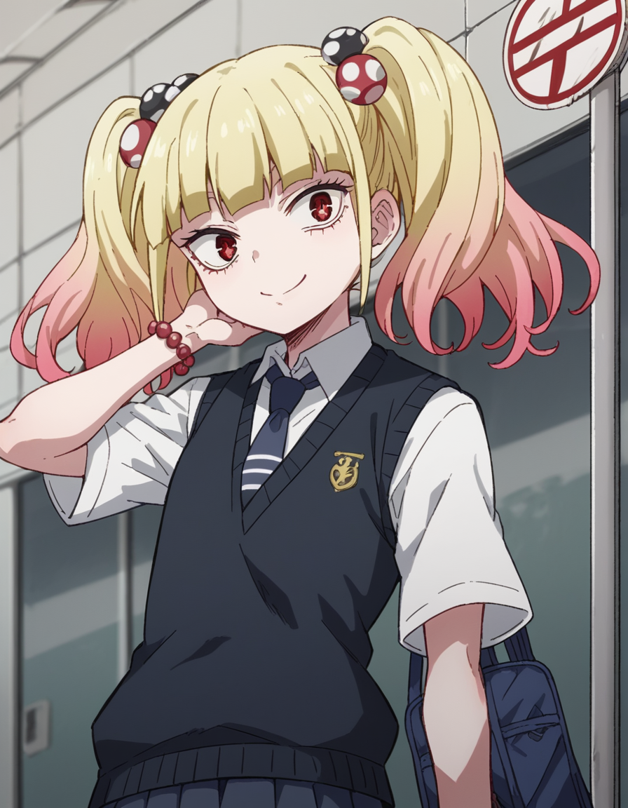 score_9, score_8_up, score_7_up, source_anime, <lora:yuria-niguredou-s1-ponyxl-lora-nochekaiser_r1:1>, yuria niguredou, bangs, blonde hair, hair ornament, red eyes, twintails, pink hair, multicolored hair, gradient hair,, skirt, shirt, jewelry, school uniform, pleated skirt, necktie, bracelet, sweater vest, beads,, bus stop, waiting, commuter, smartphone, checking time, cold morning, smile, looking at viewer, hand behind head, , solo,, dutch angle, cowboy shot