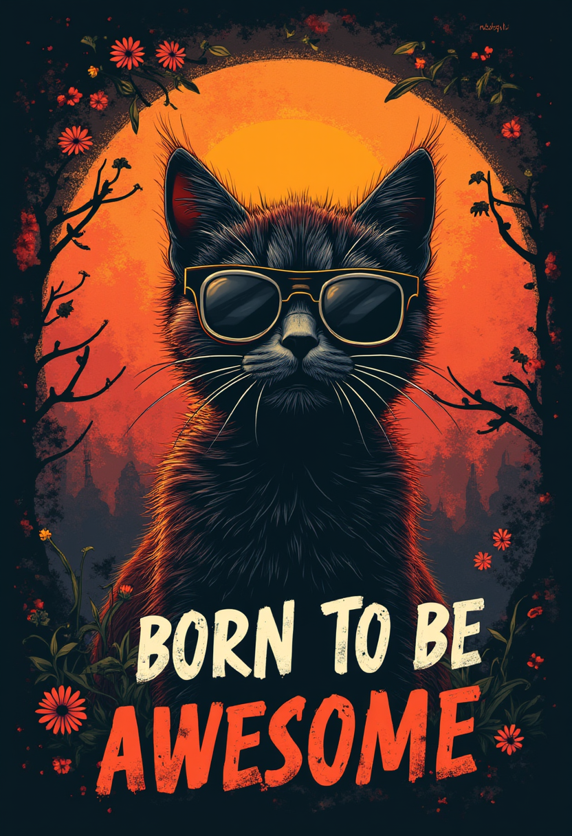 Vector t-shirt design Vintage retro sunset distressed black style design, a cute cat wearing sunglasses, with text âBORN TO BE AWESOMEâ, typography, graffiti, 3d render, 4k