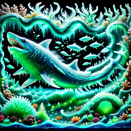 embedding:lazympos a slime-morphed shark gliding through a gelatinous ocean, teeth made of jagged ice-like slime, schools of translucent fish, coral reefs pulsing with light, sl1m3d, slime-morph, underwater glow <lora:Slime_Morph_V4:1.0000000000000002> <lora:TrendCraft_The_Peoples_Style_Detailer-v2.1A-3_12_2025-SDXL:0.20000000000000004>