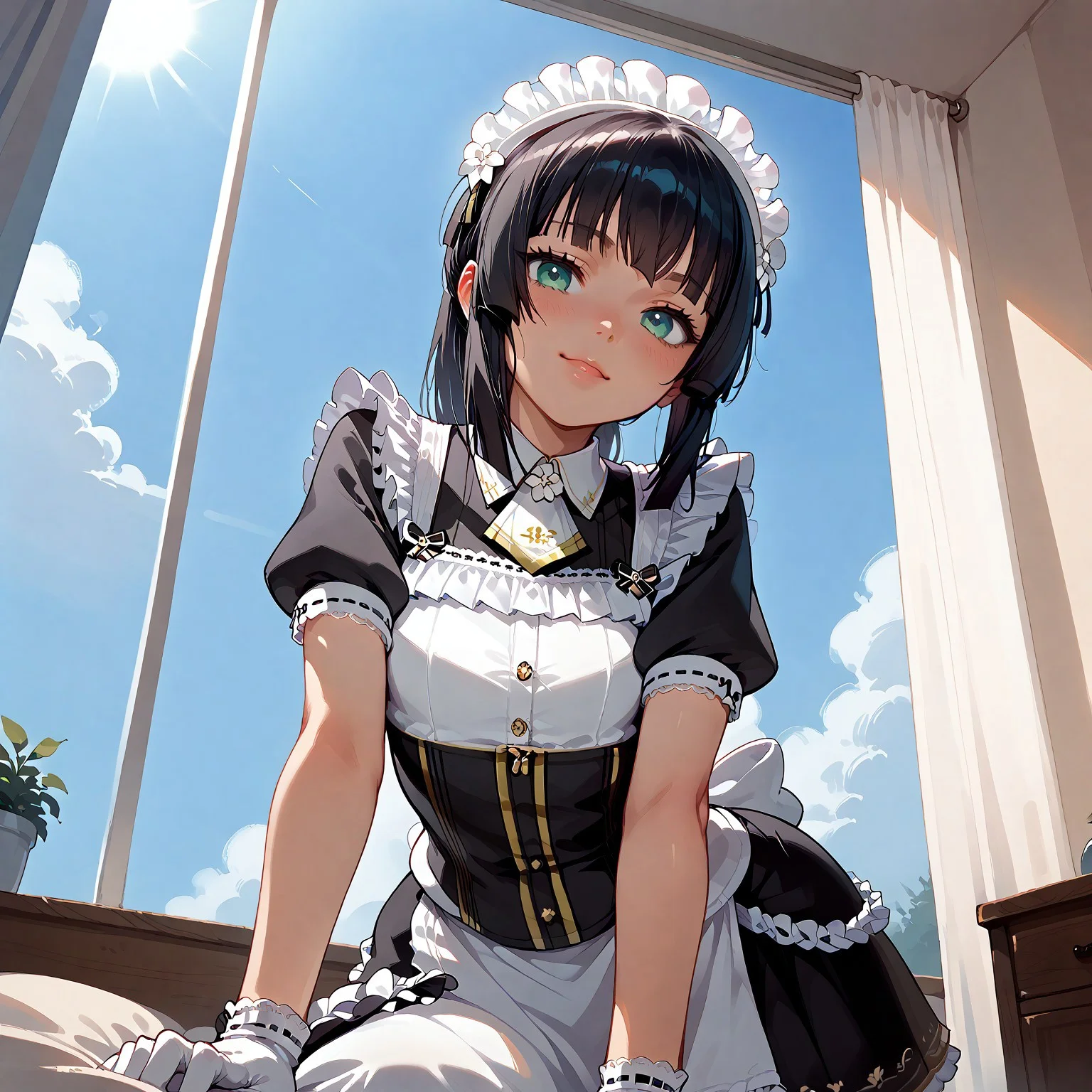 score_9, score_8_up, score_7_up, score_6_up, source_anime. zPDXL3, 1girl, solo, Mafuyu, Sofia maid outfit, Sofia maid headdress, Sofia maid gloves, looking at viewer, smile, leaning forward, bed sheet, window, sunlight, sunny, blue sky, cloud, pov, from below, backlighting
