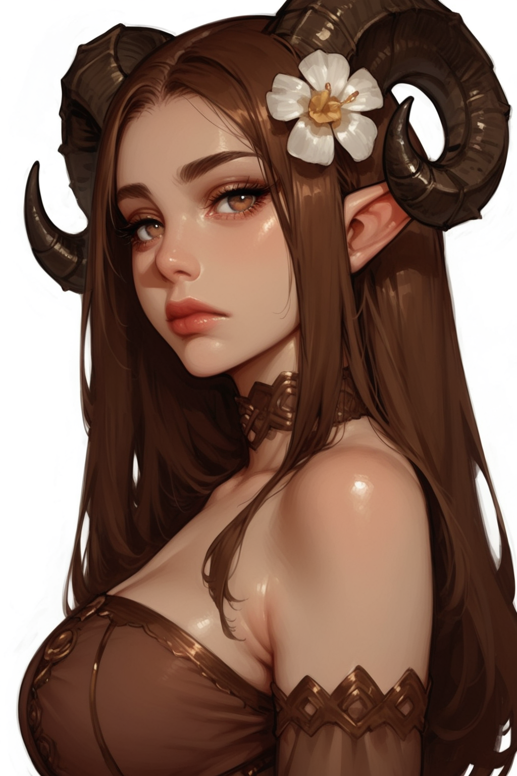 1girl, horns, solo, long hair, pointy ears, looking at viewer, brown hair, bare shoulders, , upper body, sheep horns, lips, light brown eyes, dress, choker, curled horns, straight hair, , hair ornament, detached sleeves, closed mouth, brown dress, nose, from side, , expressionless, brown hair, flower, eyelashes, , see-through, hazel eyes, looking to the side, strapless dress, demon girl, breasts, zPDXL3, detailxl,