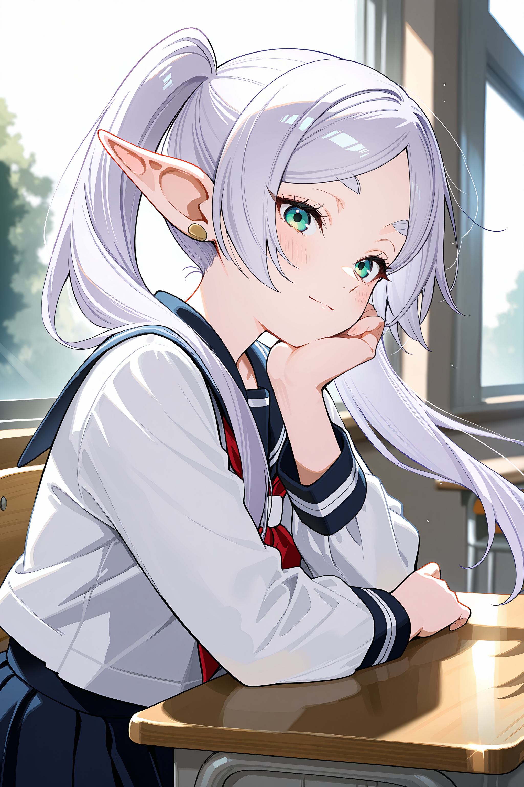 1girl, frieren, twintails, school uniform, serafuku, sitting, school desk, school chair, hand on own chin, from side, looking at viewer, light smile, blush, window, floating hair, sunbeam, depth of field <lora:Char-Frieren-IL-V1:0.8:hr=0.6>, (kanzaki hiro, konya karasue, mika pikazo, rella:0.6)
masterpiece, best quality, amazing quality, very aesthetic, absurdres, newest, (scenery, volumetric lighting), ray tracing, (bloom:1.4), cinematic