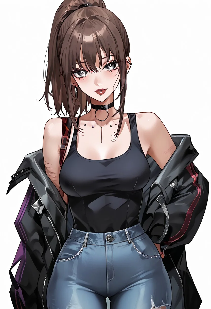score_9, score_8_up, score_7_up, score_6_up, 1girl, expulse, medium hair, side-swepped bangs, brown hair, purple streaks, ponytail, BREAK, grey eyes, short neck, gorgeous lips, ear piercings, BREAK, medium breasts, pale skin, BREAK, solo, alone, black tanktop, tight jeans, sexy gal, no make-up (masterpiece:1.2), best quality, high resolution, unity 8k wallpaper, (illustration:0.8), (beautiful detailed eyes:1.6), extremely detailed face, perfect lighting, extremely detailed CG, (perfect hands, perfect anatomy),