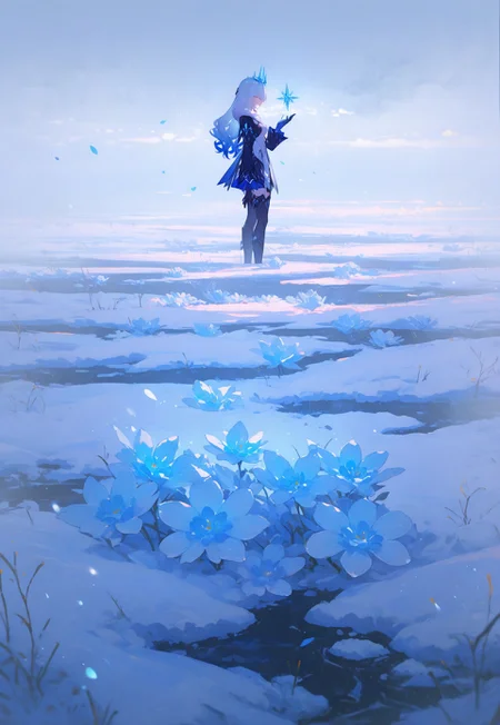masterpiece, best quality, newest, absurdres, highres, 748cmstyle,
field of ice flowers, freezing hail, (particles, snow, low light, fog:1.2), snow storm, herrsher of ice /honkai impact 3rd/, coalescing a swirl of flower petals in hand, one hand up, frozen tears,excellent quality, high resolution, masterpiece, best quality, depth of field, light particles