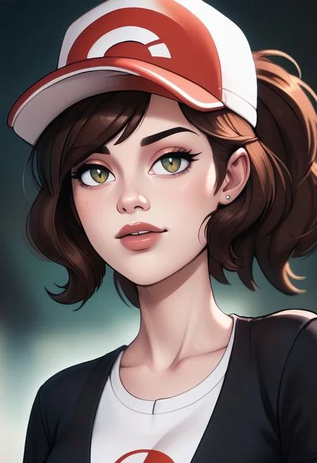 score_9, score_8_up, score_7_up, score_6_up, PRSNL_3_1, uncensored, pupils black dots, lips,
upper body, best quality, masterpiece, 4k, realistic, warm light,
Elaine, brown hair, brown eyes, ponytail, single sidelock, baseball cap, black shirt, red belt, blue shorts