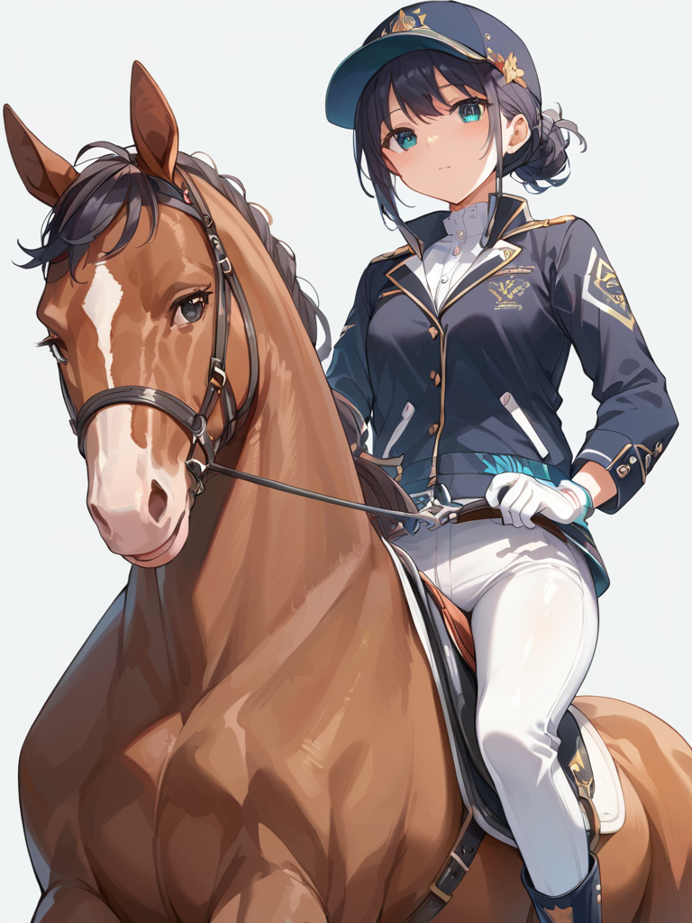 score_9, score_8_up, score_7_up,source_anime, high res image,masterpiece,best quality,girl,cute face,clear skin,shiny hair,ultra detailed eyes,simple background,   <lora:kisyu_pony_V1.0:0.9> kisyu, horse, riding, jacket, white pants