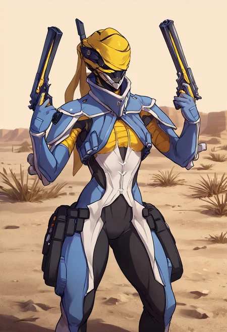 score_9, score_8_up, score_7_up, Expressiveh, 1 female, mesawf, blue body, yellow mask, deagle, Desert Eagle, holding Desert Eagle, holding weapon, dual wielding, finger on trigger, <lora:DanielRadcliffeHoldingTwoGunsMeme_pdxl_Incrs_v1:1>