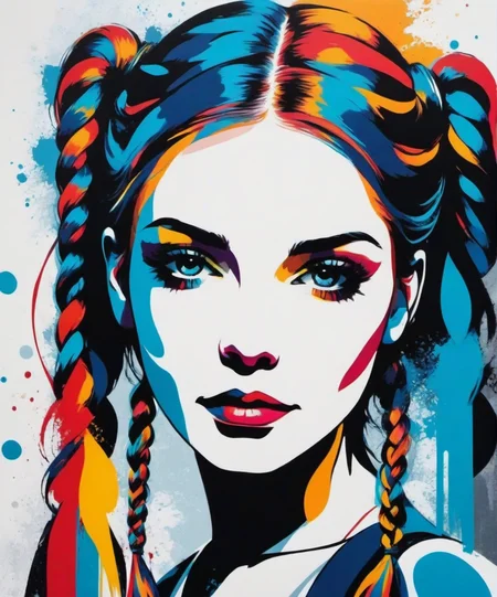 Abstract Expressionism , a gorgeous woman, braided pigtails , High contrast, minimalistic, colorful, stark, dramatic, expressionism