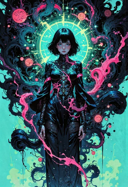 (in Otomo Katsuhiro style:1.2), masterpiece, high-quality, A futuristic calligrapher suspended in midair, ink flowing from her hands to form glowing symbols that shape-shift around her, Her attire resembles flowing neon-infused calligraphy strokes, her gaze is intensely focused as each character takes on a life of its own pulsing with a mystical energy, living ink, neon calligraphy, suspended energy, Stylized anime with luminous ink effects and surreal composition, (elaborate fine details:1.1), (hyperdetailed:1.1), (intricate details:1.0), (Refined details:1.1), (best quality:1.1), (high resolution:1.2), <lora:FLUX\Anime v1.3:0.6> <lora:FLUX\VividlyReal:0.6> <lora:FLUX\FLUX-daubrez-DB4RZ:0.4>