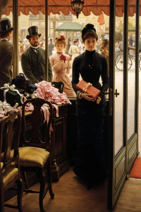jati1 painting
A late 19th-century Victorian era scene inside an elegant boutique. The shop girl, a young woman in a fitted black dress, stands near the open glass door, holding a wrapped package, her expression poised and thoughtful. The boutique interior features wooden furnishings and a table covered with luxurious items such as ribbons, fabrics, and small packages. Through the front shop window, a man in a top hat gazes into the shop, while a second shop girl inside looks back at him. The outdoor street scene is visible beyond the window, showing pedestrians and carriages in soft daylight. The composition captures the refined elegance and social dynamics of the Victorian era, with intricate textures, lighting, and atmospheric detail. <lora:jati1_cap_d6a3:1.0><lora:817311854142583431:0>