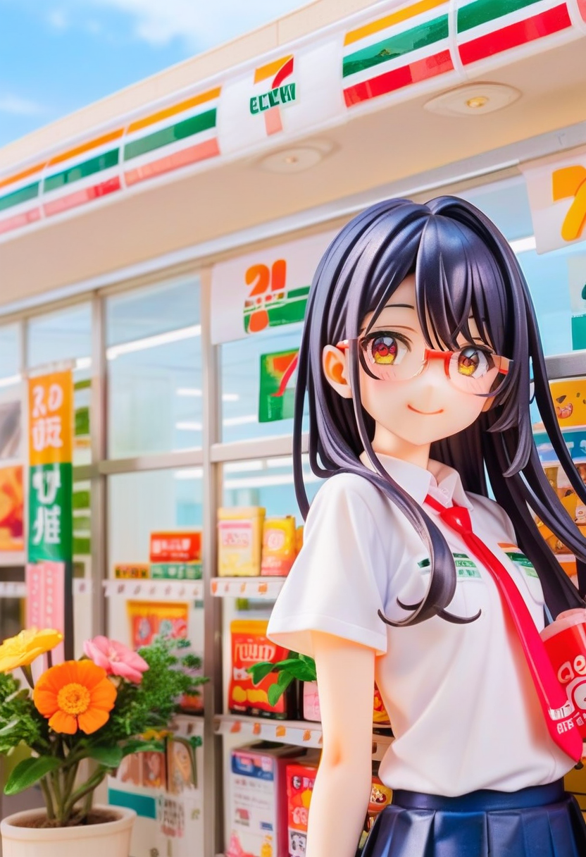 score_9, score_8_up, score_7_up, rating_safe, masterpiece, best quality, absurdres, unity 8k wallpaper, official art, official style, source_anime, uncensored, game cg, megami magazine,
1girl, solo, glasses, black hair, long hair,  collared shirt, red necktie, pleated skirt, blue skirt, looking at viewer, blush, upper body, short sleeves, smile, happy,
seveneleven, konbini, scenery, storefront, japan, shop, scenery, outdoors, convenience store, sky, plant, sign, building, storefront, day, real world location, blue sky
<lora:7eleven_storefront_PONY_V1:1>