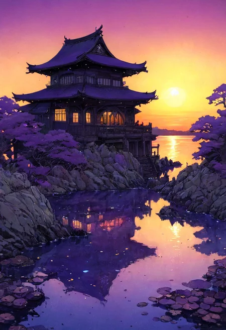 Japanese aquarium metropolis, purple, sunset, traditional Japanese building, lake, Moebius art style,