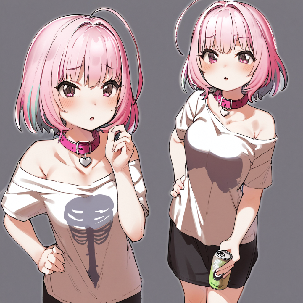 masterpiece, best quality, <lora:style21-a31-000017:1>,1girl, yumemi riamu, pink hair, shirt, holding, can, blush, holding can, collar, ahoge, parted lips, multicolored hair, short sleeves, off shoulder, white shirt, bangs, solo, collarbone, upper body, p-head producer, looking at viewer, two-tone hair, hair intakes, skeleton print, hand up, blue hair, heart collar, two-tone background, producer (idolmaster), grey background, bare shoulders, breasts, white background, belt collar, energy drink, red collar, pink eyes, off-shoulder shirt, hand on hip, short hair, brown background, t-shirt, pink collar