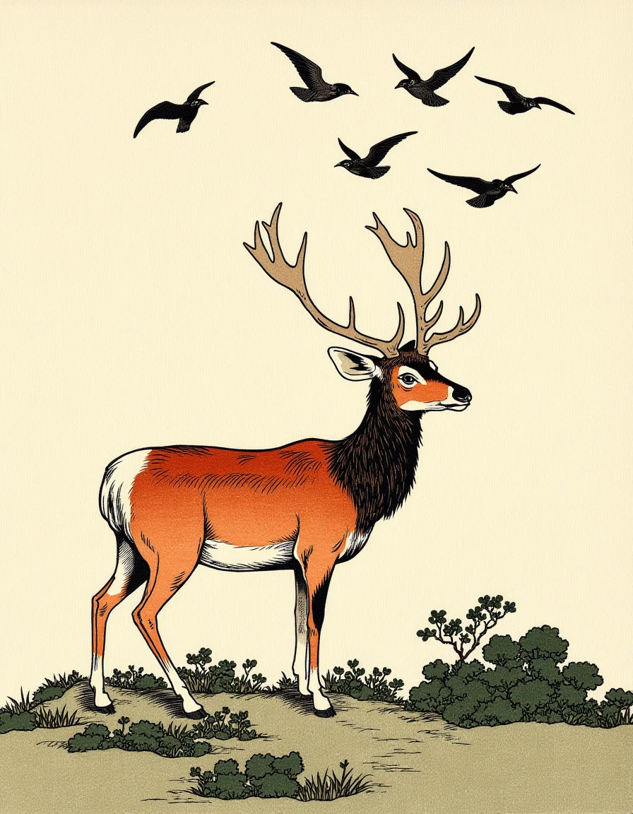 Ukiyo-e style by Hokusai, a majestic stag standing in a clearing, with a flock of birds flying overhead, distinctive style