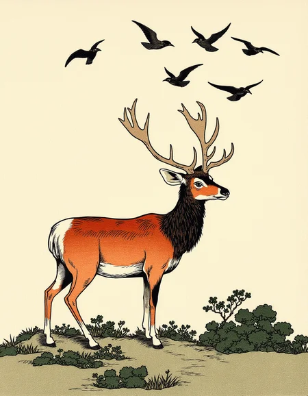 Ukiyo-e style by Hokusai, a majestic stag standing in a clearing, with a flock of birds flying overhead, distinctive style