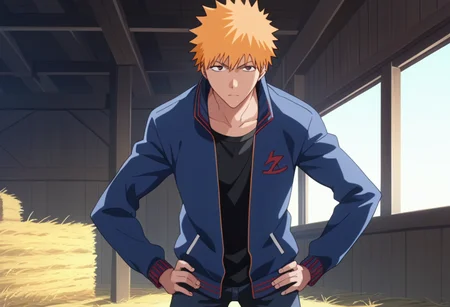 score_9, score_8_up, score_7_up, source_anime, masterpiece, 1boy, ichigo kurosaki, jacket,  , <lora:ichigo_kurosaki_ponyxl:1>, ,  , stable,  barn, indoors, dust,, solo,  standing,  hands on own hips,  leaning forward,