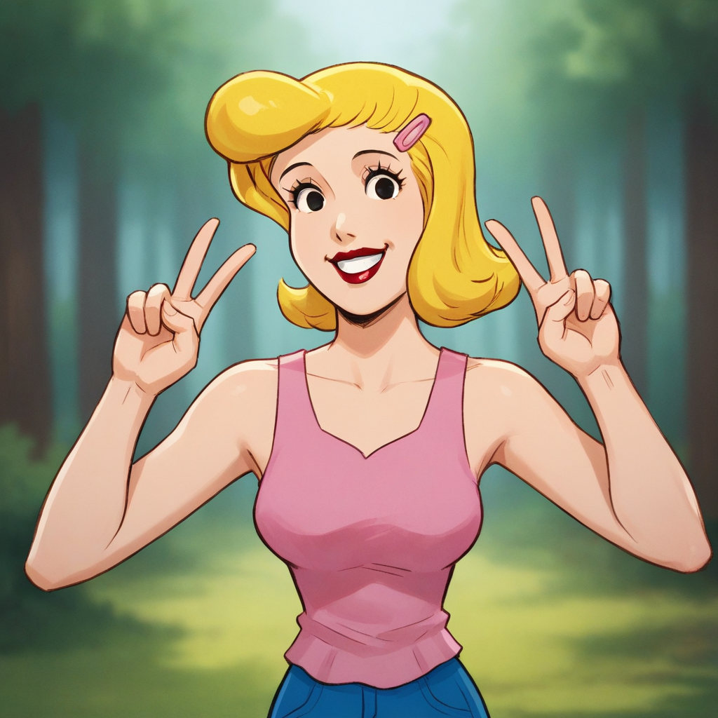 score_9_up, score_8_up, BREAK, CookieBumstead, 1girl, solo, blonde hair, short hair, black eyes, hairclip, lipstick, pink tank top, blue pants, cowboy shot,  <lora:CookieBumstead_Blondie_PXL_Leaf2:1>, smile, forest, double v,