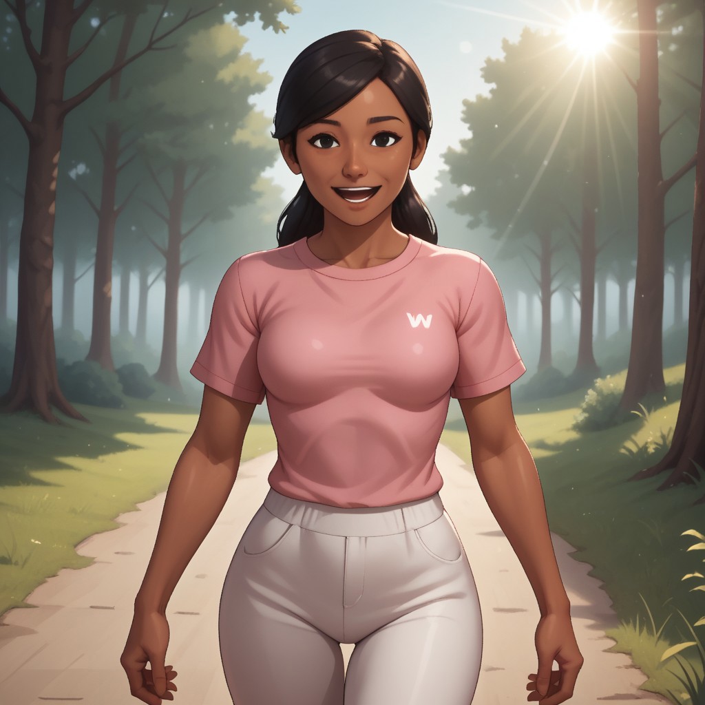 score_9, score_8, BREAK, solo, wii, mii, wii sports, 1girl, female mii, black eyes, black hair, black eyebrows, dark skin, open mouth, pink clothing, white pants, sneakers, nintendo mii, modern_mii, classic_mii, breasts, sakura_(wii_sports), cute, sexy pose, smile, outdoors, sunlight, shadows, evening lighting, natural lighting, forest, trees, grass, orange sky, sunset