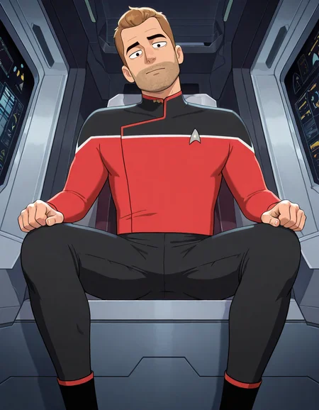 masterpiece, best quality, newest, perfect quality, best quality, detailed background, intricate details, male focus, anime, solo, <lora:Star Trek Lower Decks - Jack Ransom - Illustrious-000006:0.7> jackrans0m, 1boy, mature male, muscular, black eyes, stubble, star trek uniform, red two-tone uniform, black pants, uniform boots, spacecraft interior, looking at viewer, head tilt