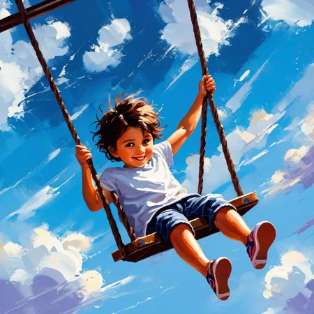 oil painting, Stylized digital painting in wet oil, palette knife, oil painting style, dramatic loose brush strokes, free brushwork. 
An urchin swinging high on a swing. playground scene. white clouds. shadows soft illumination,