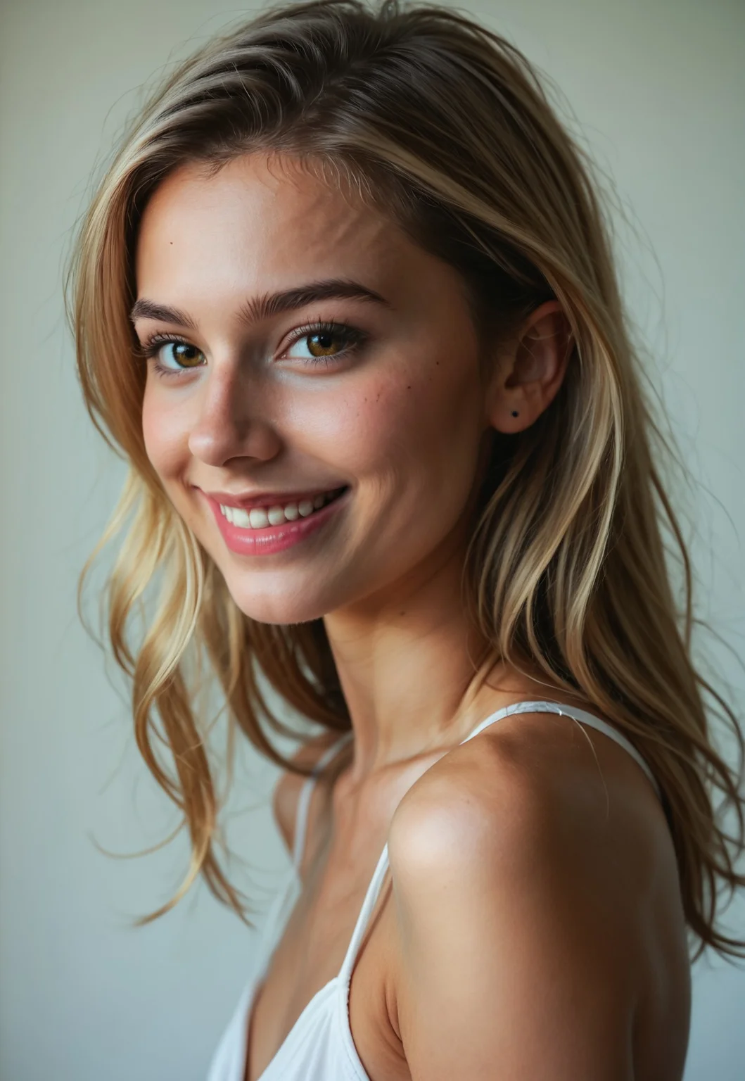 safe_pos, score_9, score_8_up, score_7_up, award-winning photograph, photorealistic, 8K UHD photograph, realism, 1girl, (side view, looking over-her-shoulder),photo, photorealistic, extreme close-up, teasing smile, looking past viewer, sexy, 18yo, (youthful), 1 girl, sharp focus, small breasts, (Italian), olive skin, (blonde hair with dark roots), slender, perfect body, friendly smile, high-resolution photograph of a beautiful girl, with cinematic grading and dynamic lighting, this image captures her charm and charisma in a movie-like atmosphere, masterpiece, high-definition, 4k 8k, DSLR, analog film, incredibly detailed face and eyes, skin details, subtle skin blemishes, even lighting, cinematic shot, 75mm, Technicolor, Panavision, cinemascope, sharp focus, fine details, 8k, HDR, realism, realistic, film still, cinematic color grading, depth of field, beautiful, extremely detailed background, ((detailed skin)), zPDXL3, real life photo, Photo Real