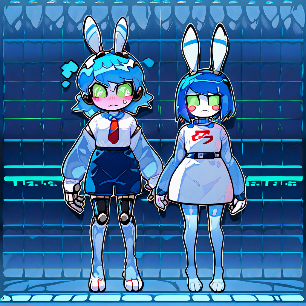 <lora:5:1.2> vibrant colors,  <lora:toybonnie:0.8> toyb, blue hair, short hair, colored skin, white skin, mechanical joints, mechanical hands, rabbit ears, green eyes, freckles, red neckwear, white shirt, blue sleeves, blue thighhighs, blue collar, blush stickers