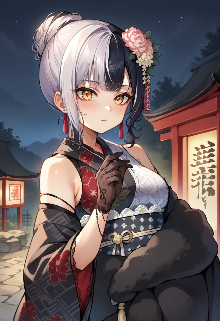 score_9, score_8_up, source_anime, 1girl, solo, ShiroNewYears, split-color hair, white hair, black hair, yellow eyes, short hair, hair bun, single sidelock, hair flower, tassel earrings, grey kimono, floral print, detached sleeves, black shawl, black lace gloves, outdoors, night, shrine, <lora:ChamShioriNovellaPonyXLCame-000008:1>