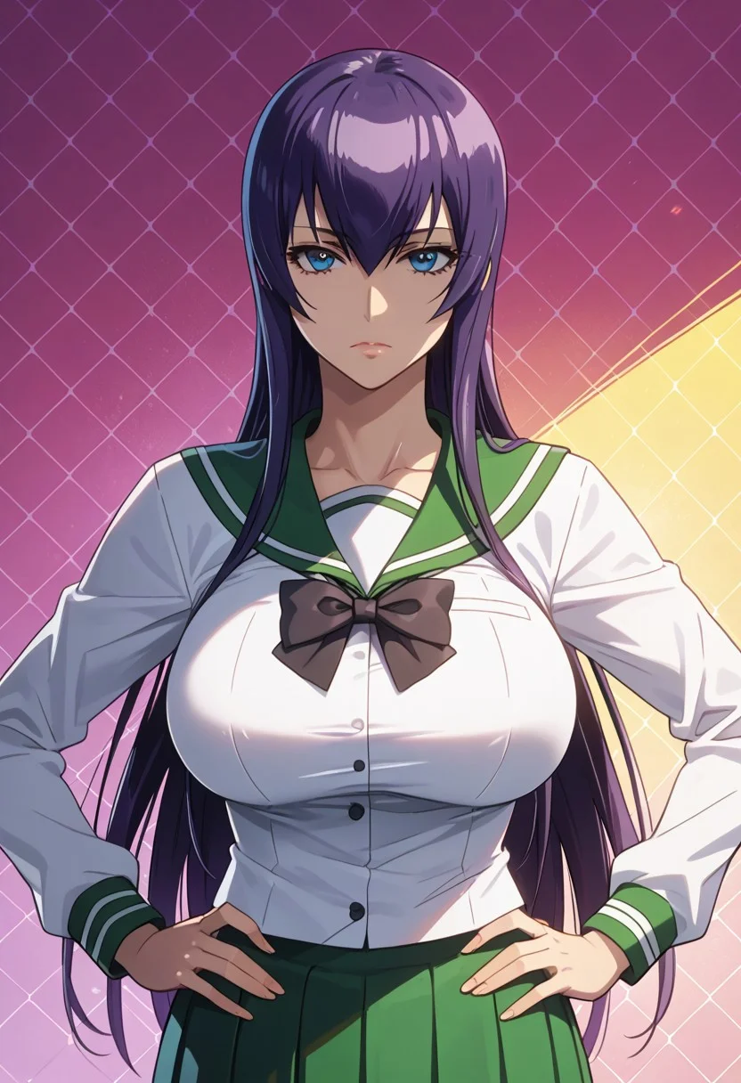 score_9, score_8_up, score_7_up, 1girl, looking at viewer, sunlight, abstract background, argyle background, rainbow, heart, upper body, close-up, portrait,
<lora:Saeko_Busujima_Dwnsty_r1:0.8>, saeko_busujima, purple hair, blue eyes, long hair, hair between eyes, school uniform, serafuku, green skirt, long skirt, pleated skirt, black bowtie,
lips, expressionless, large breasts, skindentation, mature female, hands on own hips,