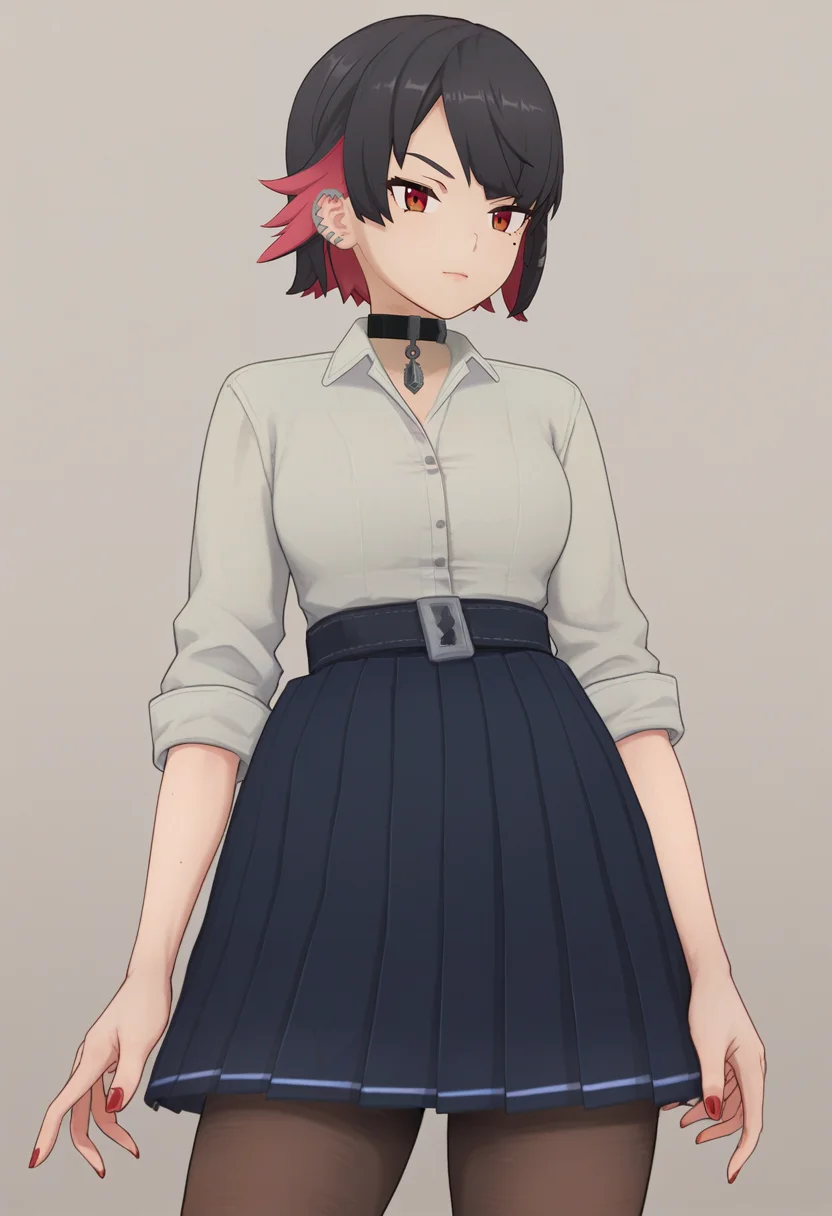 score_9_up, score_8_up, score_7_up, 1girl, solo, cowboy shot, school uniform, pendant choker, grey shirt, belt, pleated skirt, earclip, brown pantyhose, short hair, red eyes, red nails, ellen joe<lora:ellen joe xl 030:1>