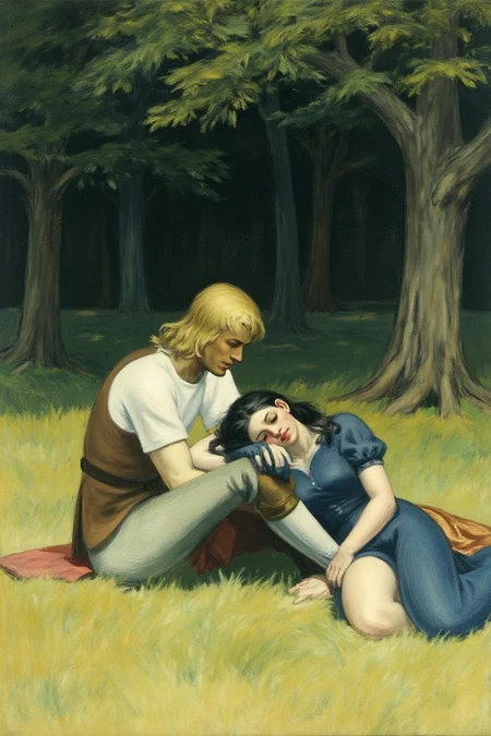edwardhopper1 painting. 
A blonde knight and a lady sitting under a tree. The lady has dark hair and is wearing a blue dress. The knight is sleeping with his head on the leg of the lady  <lora:edwardhopper1_cap_d8a4e11:1.0><lora:847394880958256345:0>