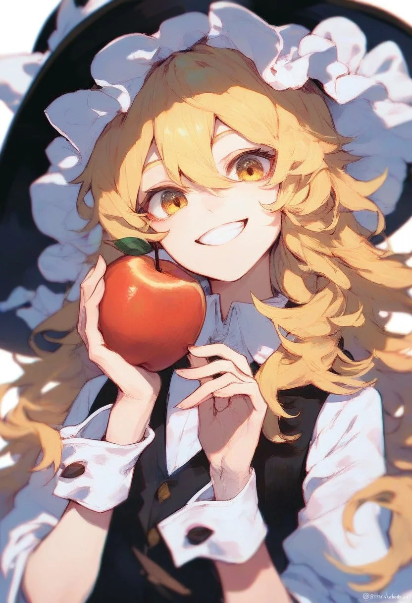 touhou, 1girl, kirisame marisa, apple, black headwear, black vest, blonde hair, food, frilled headwear, fruit, grin, hair between eyes, hand up, holding, holding food, holding fruit, long hair, looking at viewer, shirt, simple background, smile, solo, twitter username, upper body, vest, white background, white shirt, wrist cuffs, yellow eyes,
<lora:sakuemonq-000011:1>, score_9, score_8_up, score_7_up, score_6_up, score_5_up,