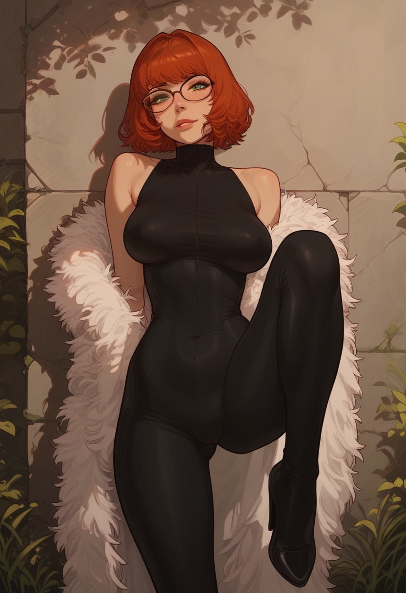 score_9, score_8_up, score_8. score_9, score_8_up, score_7_up, score_6_up, masterpiece, 4k, high quality, (best quality:1.1), cowboy shot, straight-on
1girl, solo, short red hair, bangs, green eyes, aviator glasses, large breasts, seductive smile, leaning back, looking at viewer, black latex bodysuit, black highheels, leaning against wall, leg up, pink feather boa over shoulders
BREAK
stone wall, grass, cobwebs