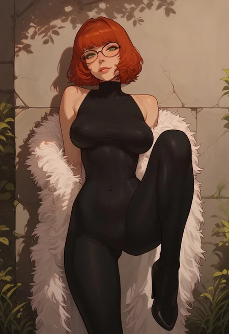 score_9, score_8_up, score_8. score_9, score_8_up, score_7_up, score_6_up, masterpiece, 4k, high quality, (best quality:1.1), cowboy shot, straight-on
1girl, solo, short red hair, bangs, green eyes, aviator glasses, large breasts, seductive smile, leaning back, looking at viewer, black latex bodysuit, black highheels, leaning against wall, leg up, pink feather boa over shoulders
BREAK
stone wall, grass, cobwebs