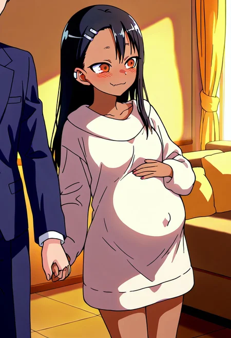 <lora:nagatoro_hayase:1> nagatoro hayase, dark-skinned female, 1girl,solo, yellow eyes, long hair, office lady, 1girl (Hayase Nagatoro) and 1boy (her Senpai), standing together in a cozy living room. Nagatoro is visibly pregnant wearing an oversized wool sweater as a dress, with bare legs. Her expression is soft and affectionate, looking lovingly at Senpai. Senpai is wearing a neat formal suit and gently holding her hand or touching her belly. The two share a tender, emotional moment. Warm indoor lighting, original anime style, high detail, soft colors, cozy atmosphere, 'Don't Toy With Me, Miss Nagatoro'.