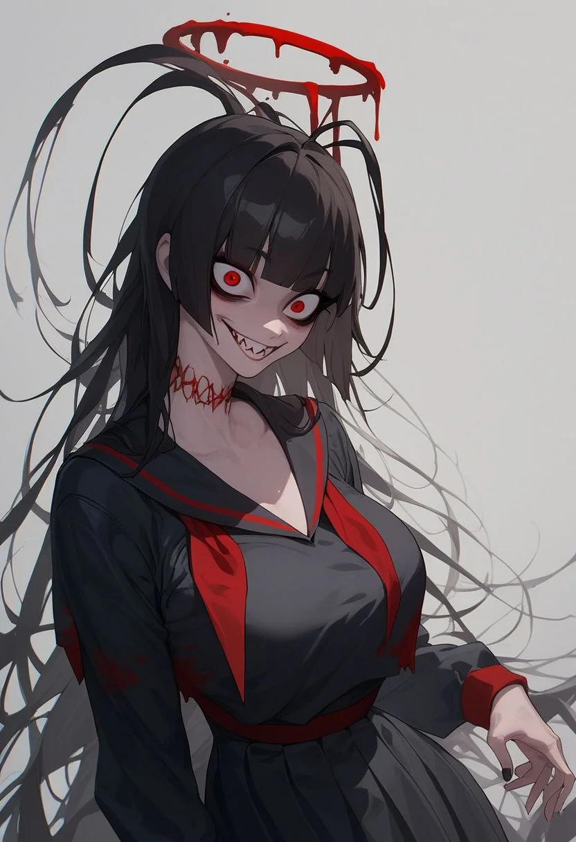 score_9, score_8_up,score_7_up, score_6_up, score_5_up,
tsurugi, blue archive, neck tatto,halo, red eyes, hair eye shadow, wing, thorny wing,featherless wing, bloody halo,sharp teeth, evil facial expression,black dress, bloody black dress, loose shirt, black serafuku, antena hair, red neckerchief, blunt bangs, black nails, sexy, big breast, big ass ,narrow waist,
