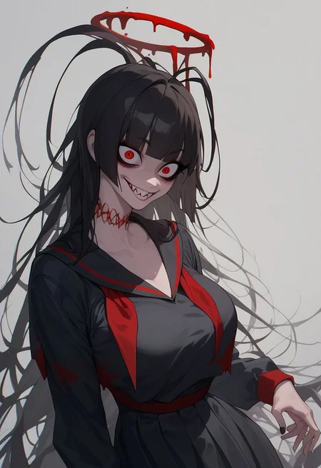 score_9, score_8_up,score_7_up, score_6_up, score_5_up,
tsurugi, blue archive, neck tatto,halo, red eyes, hair eye shadow, wing, thorny wing,featherless wing, bloody halo,sharp teeth, evil facial expression,black dress, bloody black dress, loose shirt, black serafuku, antena hair, red neckerchief, blunt bangs, black nails, sexy, big breast, big ass ,narrow waist,