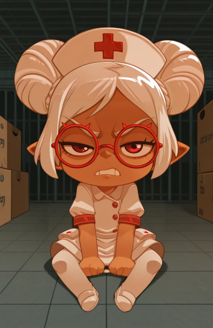 <lora:anatomy_helper:0.8> 1girl, solo, full body, <lora:Bleedman:1> bleedman,
<lora:LilPurah-IL:0.8> prhmini, red eyes, red-framed eyewear, red-framed eyewear, dark-skinned female, white hair, double bun, chibi, pointy ears, nurse, nurse outfit, white dress, white pantyhose, white nurse cap,
warehouse, angry, rage, furious, half-closed eye, v-shaped eyebrows, clenched teeth, shaded face,, solo, having coffee, sitting, looking at viewer,,, extremely detailed, highres, masterpiece, best quality