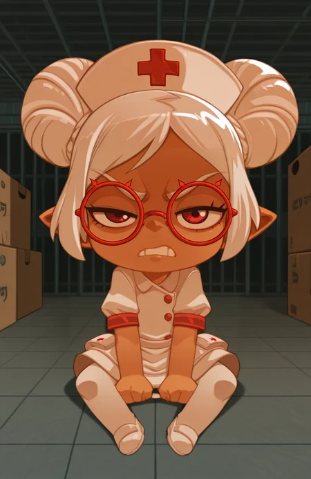 <lora:anatomy_helper:0.8> 1girl, solo, full body, <lora:Bleedman:1> bleedman,
<lora:LilPurah-IL:0.8> prhmini, red eyes, red-framed eyewear, red-framed eyewear, dark-skinned female, white hair, double bun, chibi, pointy ears, nurse, nurse outfit, white dress, white pantyhose, white nurse cap,
warehouse, angry, rage, furious, half-closed eye, v-shaped eyebrows, clenched teeth, shaded face,, solo, having coffee, sitting, looking at viewer,,, extremely detailed, highres, masterpiece, best quality
