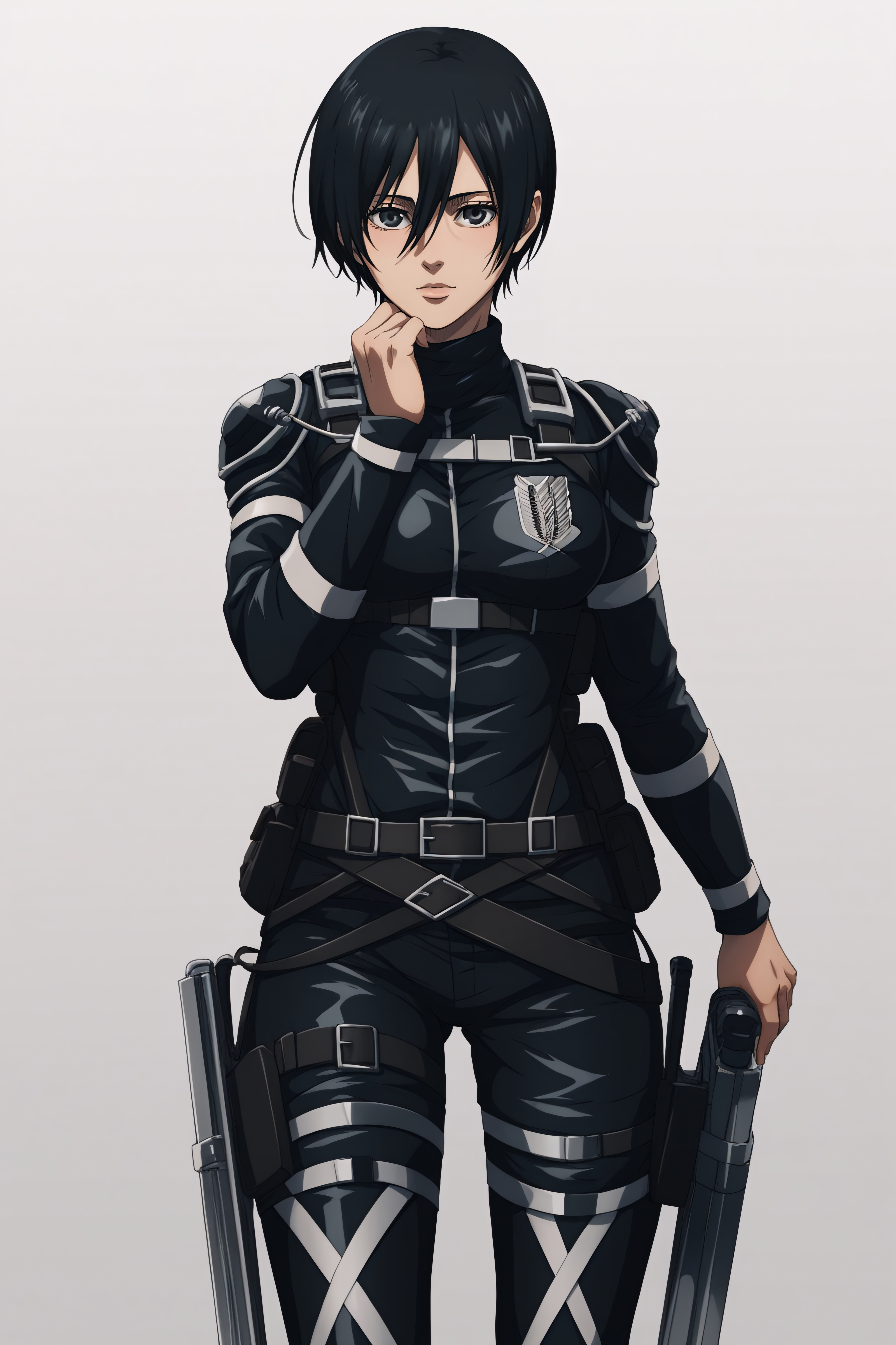 score_9, score_8_up, score_7_up, BREAK source_anime, <lora:adult mikasa ackerman-PonyXL-lora-faxtron:0.8> adult mikasa ackerman, black eyes, black hair, short hair, medium breasts, military uniform, armor, belt, thigh strap,